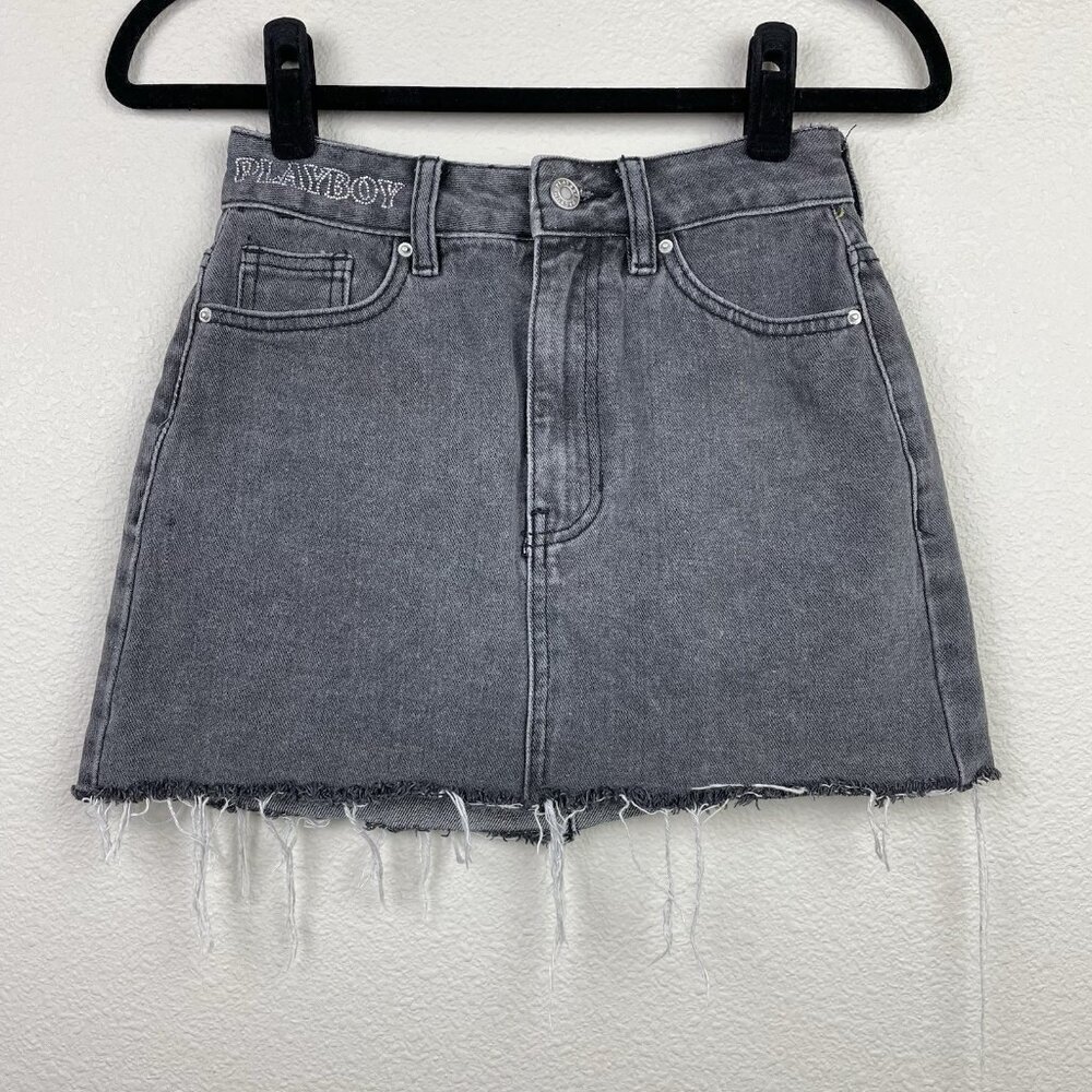 Playboy By Pacsun Women's 24 Black Denim High Rise Mini Skirt Bedazzeled Bunny - Picture 3 of 13